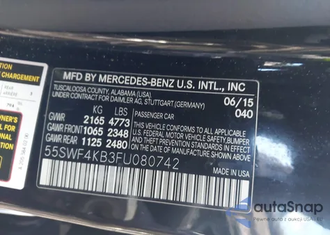 2015 Mercedes-Benz C 300 4Matic из США, поврежденный, VIN 55SWF4KB3FU080742